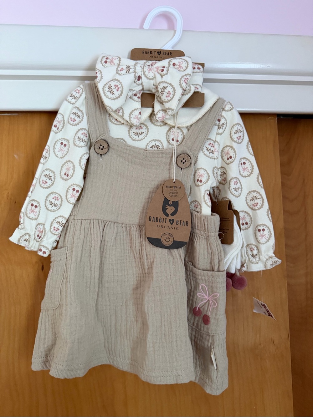 Rabbit & Bear Organic Beige Pinafore Dress with Floral Top - Baby